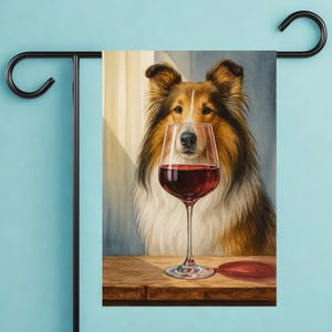 Bandiera da giardino con motivo a cane da pastore scozzese a pelo lungo, decorazione da giardino per amanti dei cani, striscione da esterno, regalo primaverile per giardiniere, inaugurazione della casa, regalo per amanti del vino rosso.