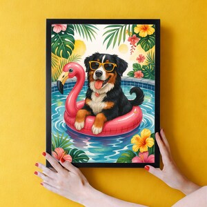 Benutzerdefinierte Digital Download, Sommer Pool Art, Grußkarten, Berner Sennenhund Geburtstag personalisierbar Hunde-Liebhaber druckbare Housewarming Geschenk