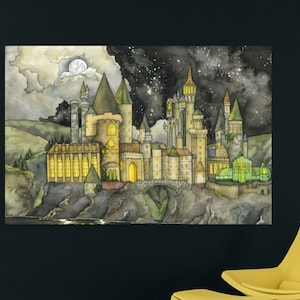 Wizarding School Painting,  Print of Wizard Castle, Fantasy Castle, Fantasy Art, Magic, Wizarding School, Starry Night, Night Sky