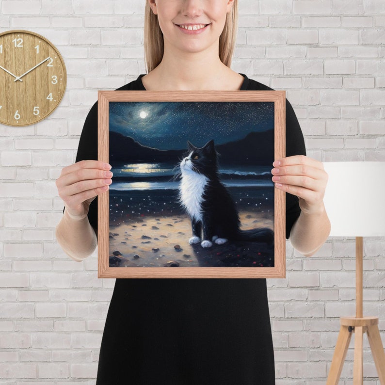 Tuxedo Cat on Beach Starry Night Art Oil Painting Framed Poster Wall ...