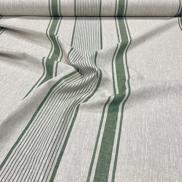 Tissu en lin épais de style français par mètre/mètre, tissu de sac à grain rayé vert 100 % lin, rayures vintage, pur lin de style rustique