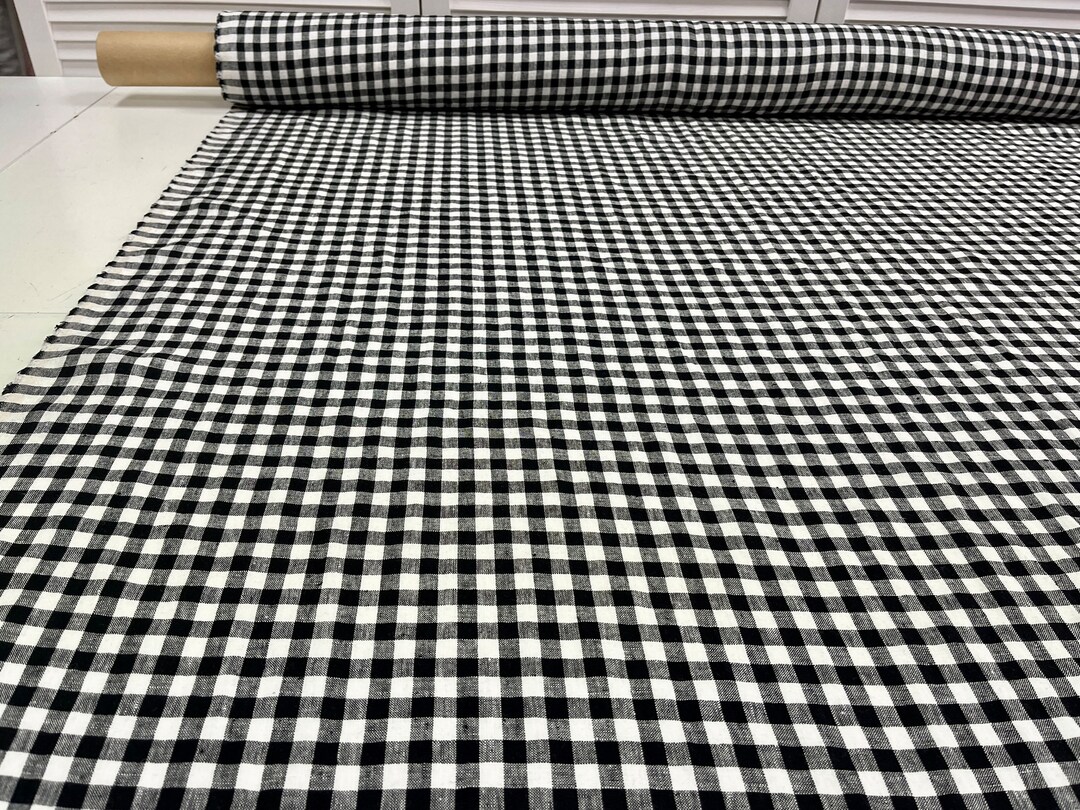 Gingham Linen Fabric by Yard/meter, Black White Gingham 190 GSM/5.60