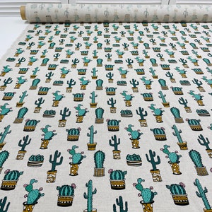 Tessuto in cotone di lino tagliato su misura/metro, tessuto stampa Vintage Cactus, tessuto stampa Botanica, 240 GSM/ 7,08 ozsyd, tessuto stampa vegetale, fattoria