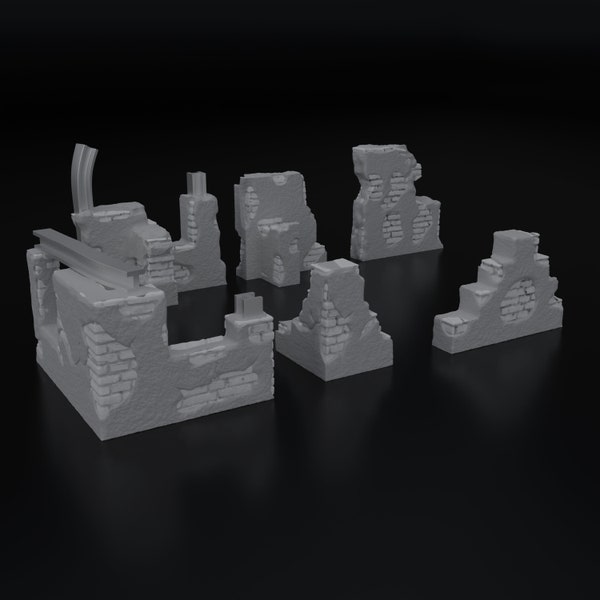 damaged ruin brick wall set of 6, war games terrain 3d models digital