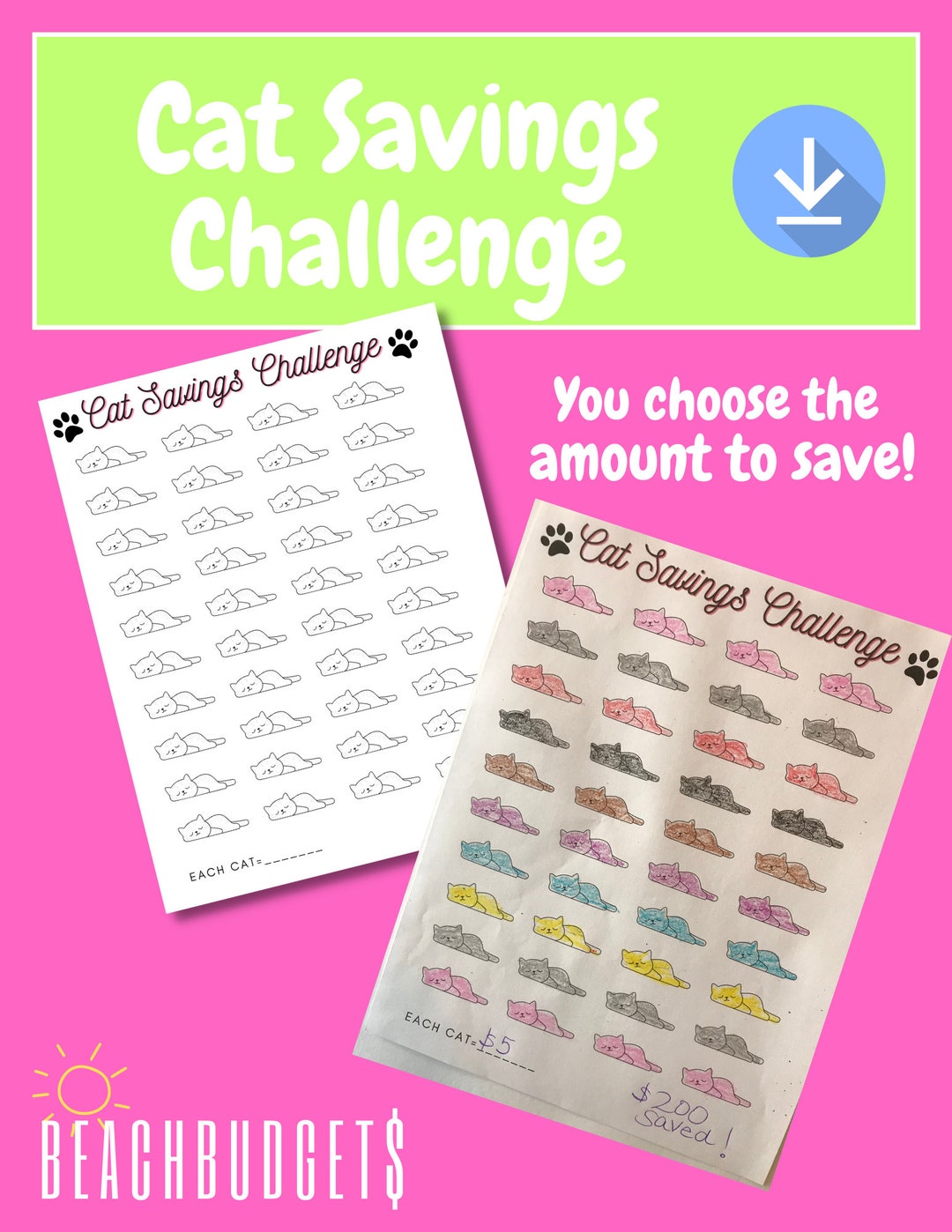 Cat Savings Challenge Tracker Budgeting Cash Stuffing Cash Etsy