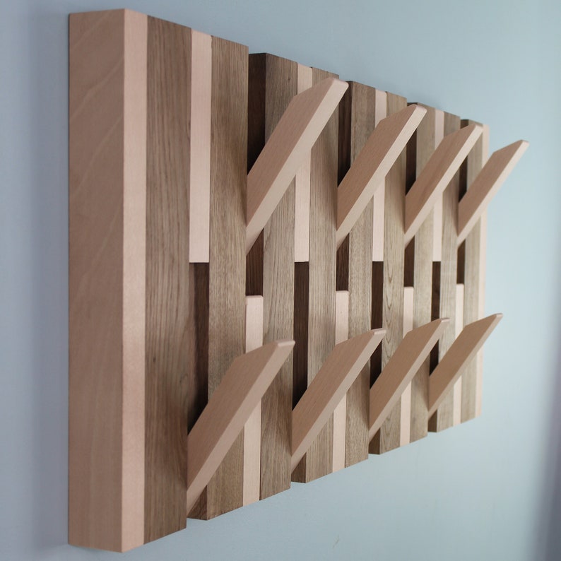 Modern Piano Fumed Oak With Beech Hook 2tiers Coat Rack, Flip Down