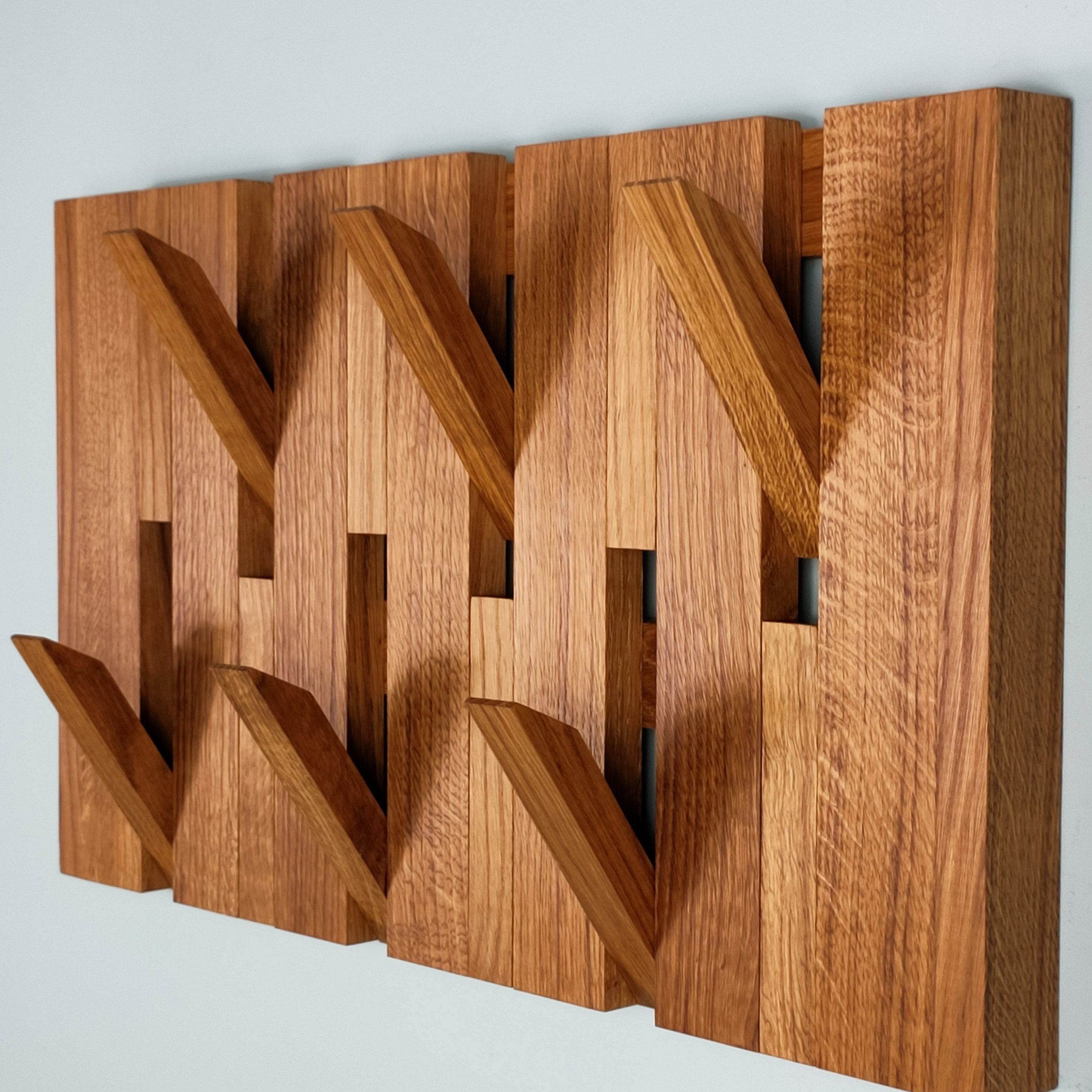 Modern Piano Fumed Oak 2tiers Coat Rack, Flip Down Wall Coat Rack, Wooden Wall Hanger, Coat