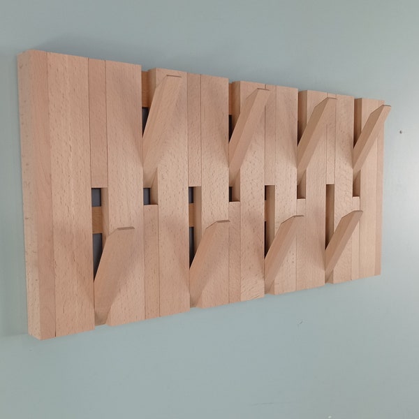 Modern piano  beech  2-Tiers coat rack, Flip down wall coat rack, Wood wall hanger, Oak wood rack, Wall mounted organizer