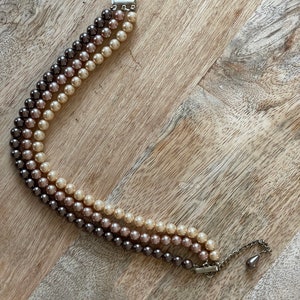 Vintage 3 strand costume Pearl necklace with hook clasp in cream, taupe, and bronze colors