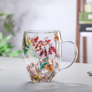 Double Wall Glass Flower Cup Dry Flowers Funny Aesthetic Cups Tea Cup Beer  Coffee Mug With Handles Christmas Gift