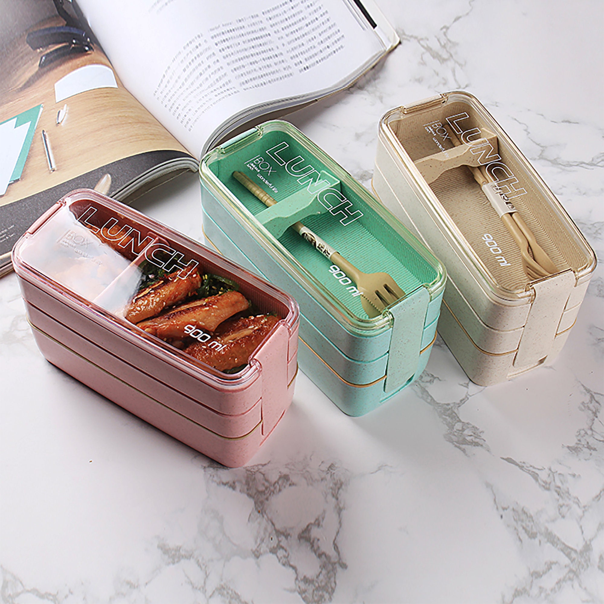 900ml Bento Box for Adults Kids 3 Stackable Lunch Box Leak-proof