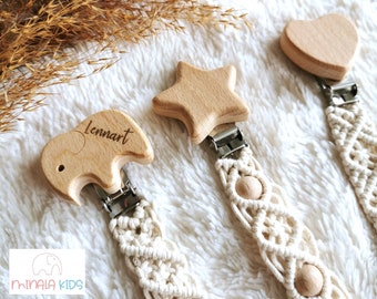 Süßes Boho-Stil Schnullerband personalisiert mit Name | Schnullerkette | Holzclips | Baby | Schnuller | Geschenk | Taufe