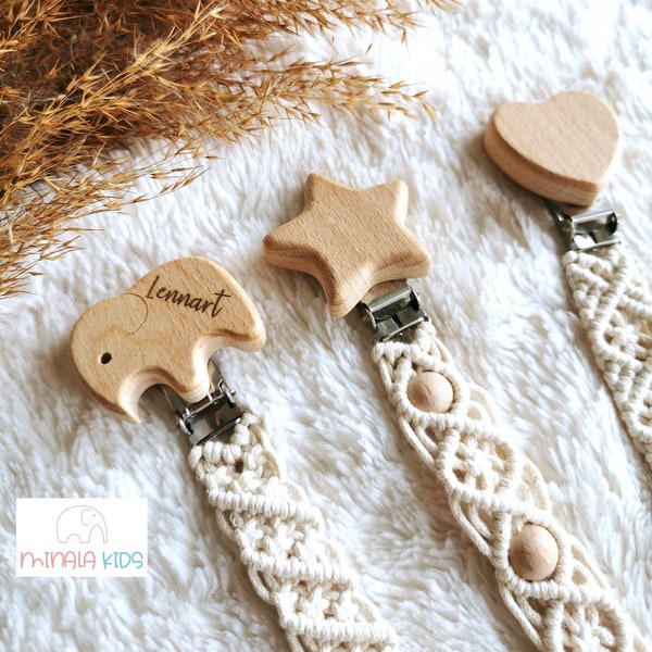 Süßes Boho-Stil Schnullerband personalisiert mit Name | Schnullerkette | Holzclips | Baby | Schnuller | Geschenk | Taufe