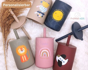 Süßer Trinkbecher aus Silikon für Kinder | personalisiert mit Name | mit süßen Motiven | Baby | Geschenk | Taufe | Geburtstag | MinalaKids