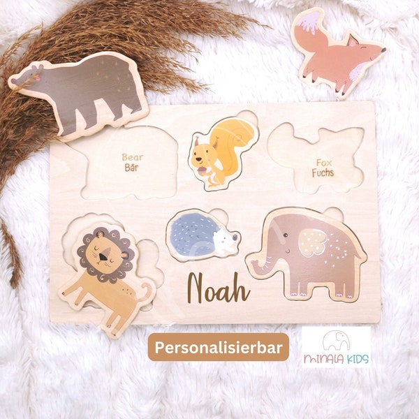 Süßes Puzzle personalisiert mit Name | aus Holz | Tierpuzzle | Safari | Baby | Geschenk | Taufe | Geburt | MinalaKids