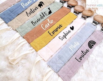 Süßes Schnullerband personalisiert mit Name | Baumwolle | Schnullerkette | Holzclips | Baby | Schnuller | Geschenk | Geburt | MinalaKids