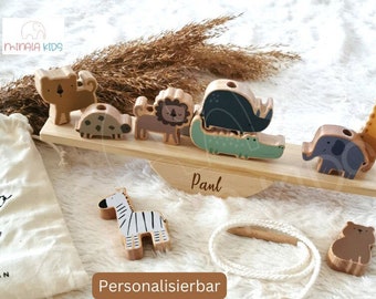 Süßes Stapel-Spielzeug personalisiert mit Name | aus Holz | Balancierspiel | Wippe | Baby | Geschenk | Taufe | Geburt | MinalaKids
