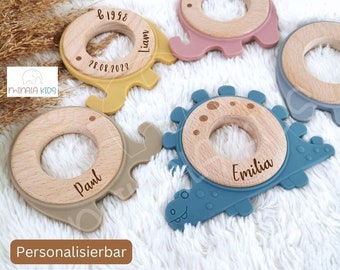 Cute Elephant & Dinosaur Teething Ring Personalized with Name | Teething Ring | Silicone | Baby | Gift | Christening | Birth | | MinalaKids
