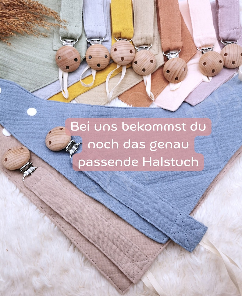 Süßes Schnullerband personalisiert mit Name aus Baumwolle Schnullerkette Holzclips Baby Schnuller Geschenk Geburt MinalaKids Bild 7