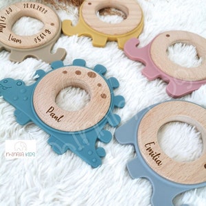 Sweet teething ring elephant & dino personalized with name Grip ring Silicone Baby Gift Baptism birth MinalaKids image 2