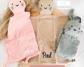 Personalized bunny comforter with name | Cotton | Muslin | Cuddly toy | Baby | Gift | Christening | Birth | MinalaKids