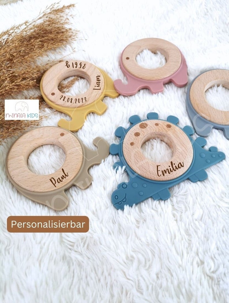 Sweet teething ring elephant & dino personalized with name Grip ring Silicone Baby Gift Baptism birth MinalaKids image 1