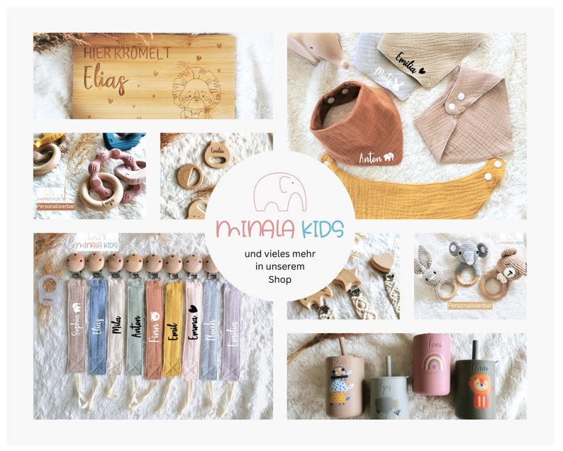 May include: A collage of personalized baby items, including a wooden cutting board with the name "Elias" engraved on it, a set of teething rings, a pacifier clip with a variety of colors and names, a set of bibs with different colors and names, and a set of sippy cups with different designs.