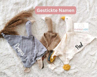 Sweet goose cuddly toy personalized with embroidered name | Cotton | Muslin | Comforter | Baby | Gift | Christening | Birth | Minala