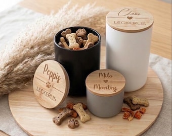 Leckerlidose aus Keramik mit Bambusdeckel | personalisiert | Leckerli | Süßigkeiten | Futter | Hund | Katze | Haustier | Vorrat | Geschenk