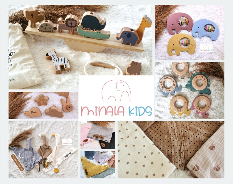 May include: A collection of wooden toys for babies and toddlers, including a seesaw with animal figures, a set of teethers, and a set of stacking rings. The toys are all made of natural wood and have a light, natural finish. The toys are arranged on a white background with a logo for the brand "Minala Kids".