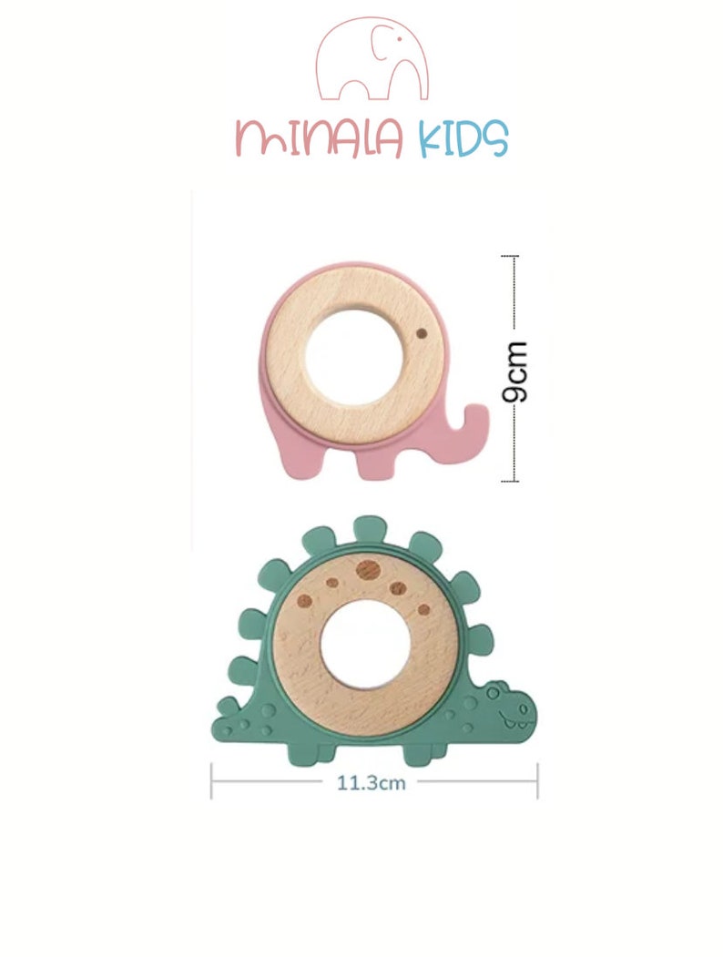 Sweet teething ring elephant & dino personalized with name Grip ring Silicone Baby Gift Baptism birth MinalaKids image 4
