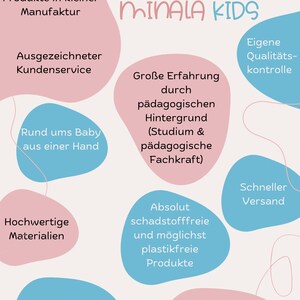 May include: A pink and blue graphic with the text "MINALA KIDS" and a cartoon elephant. The graphic lists features of the brand, including handmade products, high-quality materials, and environmentally friendly practices.