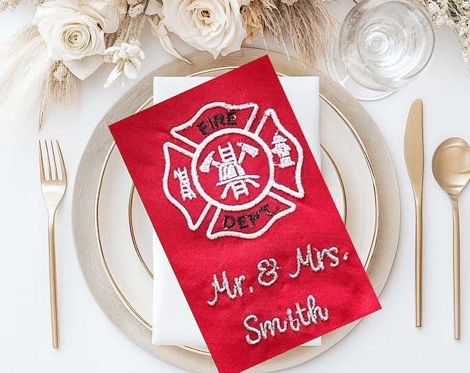 Kitchen Firefighter embroidered napkin custom table display fire dept wedding keepsake Mr. and Mrs. cloth personalized napkin reception