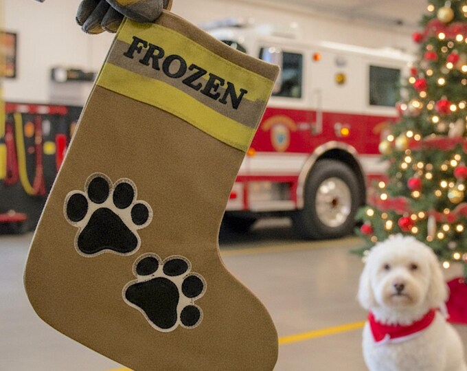 Personalized Dog Paw Firefighter Christmas Stocking Fire Gear Holiday Rescue Pet Lover Handmade Fire House Christmas Keepsake