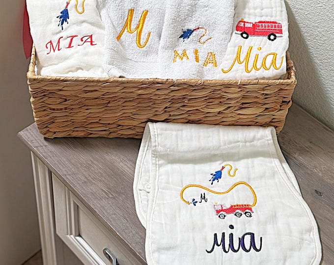Newborn Nursery Firefighter Burp Cloth Gift for Fireman Embroidered Name Baby Shower Present New Hero Infant Hand Towel Custom Muslin Rag