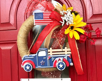 God Bless America Antique Truck Wreath July & Elections Welcoming Door Decor Patriotic Celebration Summers flowers American Flag Front Door