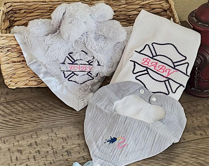 Firefighter Baby Shower Embroidered Gift Set Maltese Cross Security Comfort Plush Toy blanket First Responder Newborn Bib Pacifier Holder