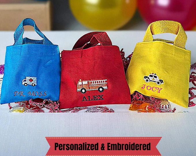 Personalized kid tote bag embroidered custom design police car name party favor reusable first responder gift bag fire truck toy storage