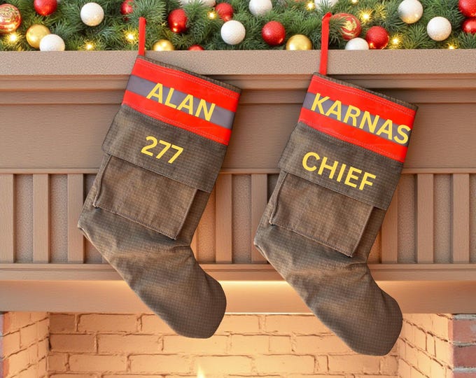 Personalized Pocket firefighter Christmas stocking handmade reflective name decor custom holiday mantle hanging family keepsake unique
