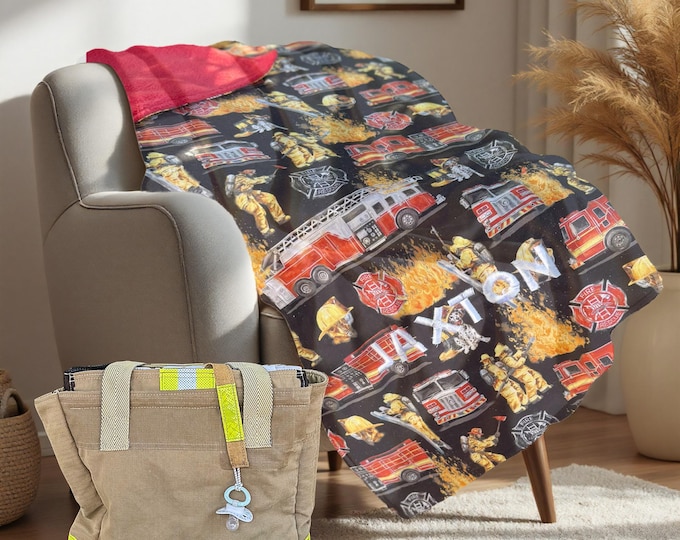 firefighter baby blanket personalized fire truck nursery decor embroidered gift newborn essentials first responder diaper bag shower present