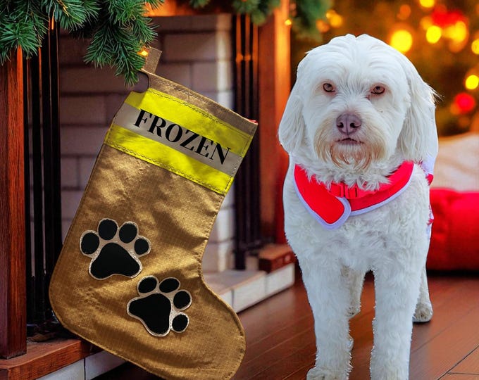Personalized pet name firefighter stocking dog paw gift custom fire gear holiday decor rescue pet lover handmade Christmas keepsake