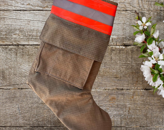 Personalized Fire Gear Xmas Stocking Upcycled Rescue Uniform Decoration Unique Firehouse Christmas Mantel Hanger