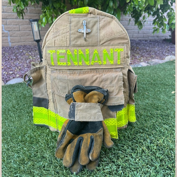 Glove feature recycled fire gear backpack for firefighters decommissioned backpack gift for him/her bunker bag graduation gift for heroes