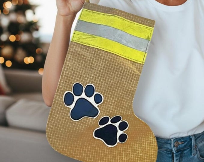 Firefighter pet stocking personalized dog paw gift custom fire gear holiday decor rescue pet lover handmade firehouse Christmas keepsake
