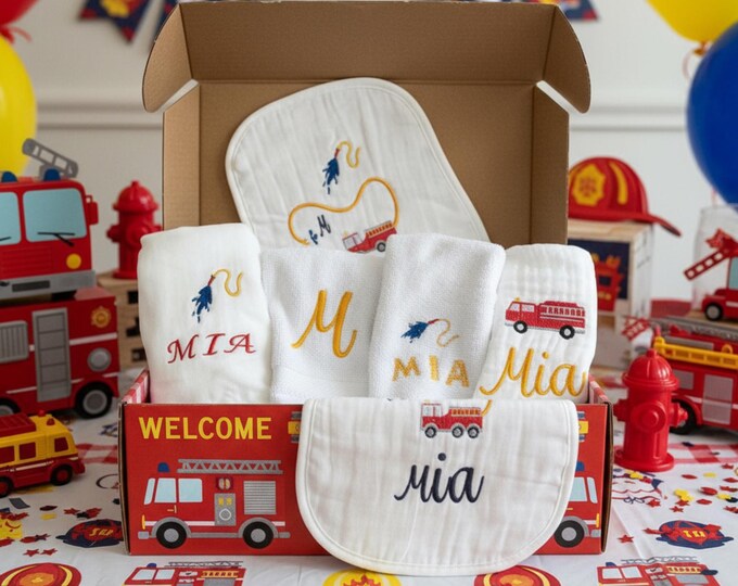 Firefighter Baby Shower Nursery Gift Set for Parent Infant Nursery Burp Cloth Gift for First Responder Embroidered Newborn Handmade Keepsake