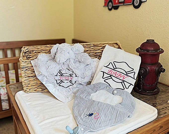 Firefighter baby gift set embroidered comfort plush toy burp cloth blanket bib newborn shower present handmade nursery decor