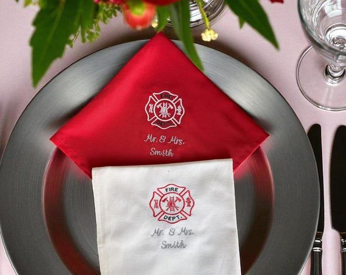 Kitchen Firefighter embroidered napkin custom table display fire dept wedding keepsake Mr. and Mrs. cloth personalized napkin reception