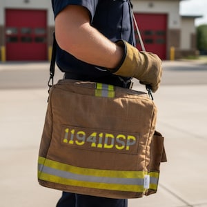 May include: A brown canvas shoulder bag with the text "11941DSP" in yellow. The bag has reflective yellow stripes and a side pocket. A person wearing a navy blue shirt and tan work gloves is holding the bag.