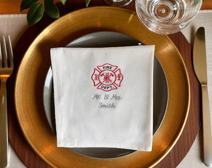 Personalized Firefighter Cloth Napkin for Wedding Table Setting Embroidered Custom Fire Department Mr. and Mrs. Elegant Reception Keepsake