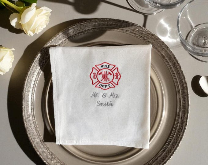 First Responder Wedding Personalized Embroidered Napkin Table Decor Custom Fire Department Celebration Keepsake  Reception